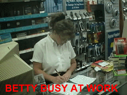 PHOTO TAKEN 19 JAN, 2001

FOR ALL YOUR ELECTRONIC NEEDS, COME AND ASK THIS YOUNG LADY, RADIO SHACK SHOULD BE PROUD OF HER AND THE WAY SHE HAVE OF RELAXING CUSTOMERS
WHO SOMETIME MAY BE STRESSED OUT. 

THANK YOU BETTY.